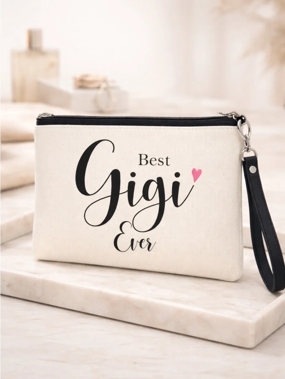 NWT Makeup Travel Bag Wristlet- Best Gigi Ever White with Black Tassle